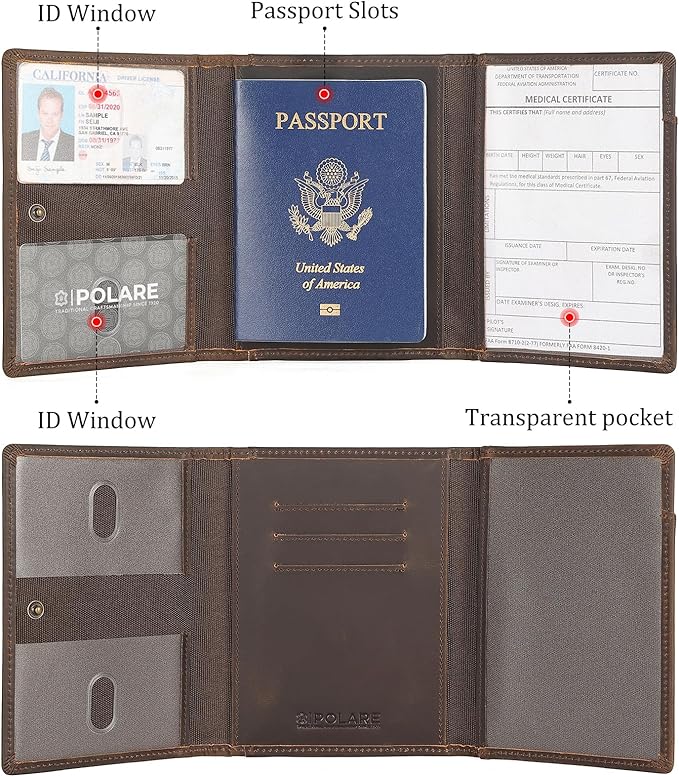 Polare Full Grain Leather Pilot Wallet Passport Holder RFID Blocking Tri-fold Travel Cover Document Organizer for Aviation Professionals (Dark Brown with AirTag Slot) - Image 6