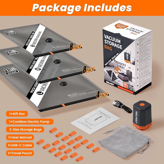 20 Pack Travel Vacuum Storage Bags with Portable Cordless Electric Pump | Vacuum Seal Bags for Clothing & Suitcase, Ideal for Business Trips, Cruise Vacations, RV Life, and Seasonal Storage. - Image 8