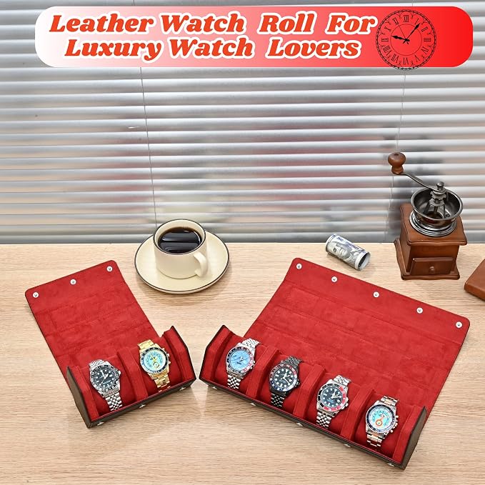 Luxury Hexagonal Leather Travel Watch Roll for 2 Watches, Black Red | Multiple Watch Capacity,Premium Hexagon Leather,Velvet M-Shaped Cushions,Secure Snap Closure,Storage Organizer - Image 6