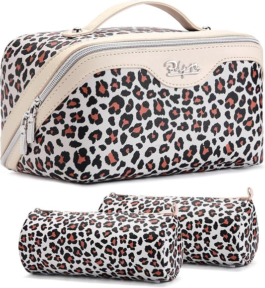 BOYATU Travel Makeup Bags Cosmetic Organizer Bag: 3 Pcs Set Large Capacity Make up Bag with Compartments - Waterproof Leather Toiletry Bags with Handle for Women (B-White) by BOYATU