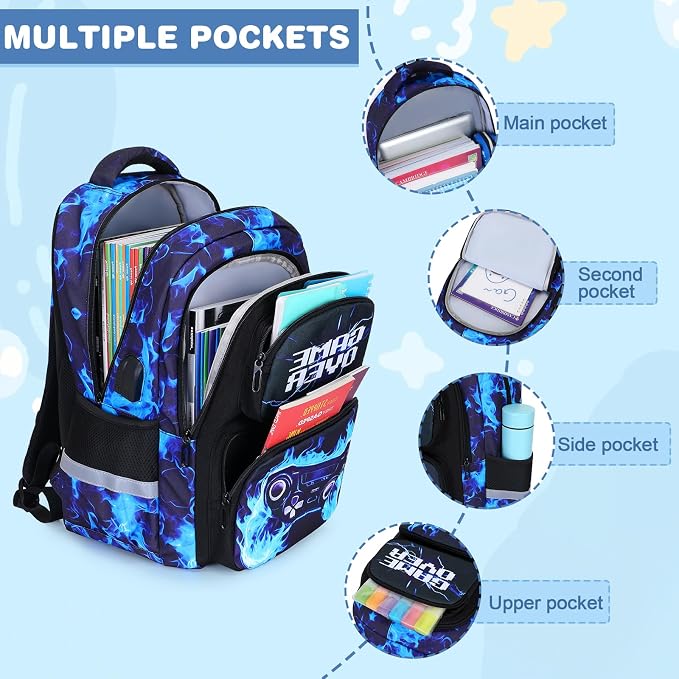Bevalsa Backpack for Boys, School Bags for Kids, Bookbag for Boys Children Teens Backpacks for Elementary Middle High School Student, Bookbag and Lunch Bag Set with USB Charging Port (Blue Flame) - Image 3