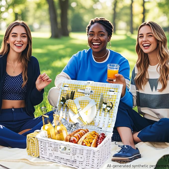 Picnic Basket Set for 4 with Waterproof Blanket Mat Insulation Bag Wicker White Yellow Light Fresh Gifts for Wedding Birthday Summer Camp Outdoor Camping Beach Travel Christmas Thanksgiving - Image 8