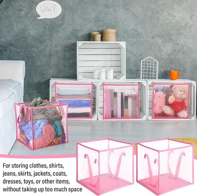 Zopeal 6 Pack Popup Laundry Hamper 13 Inch Collapsible Laundry Baskets with Handles Mesh Clothes Baskets Portable Single Layer Foldable Clothes Hamper Square Bin for Washing (Pink,Single-layer) - Image 6