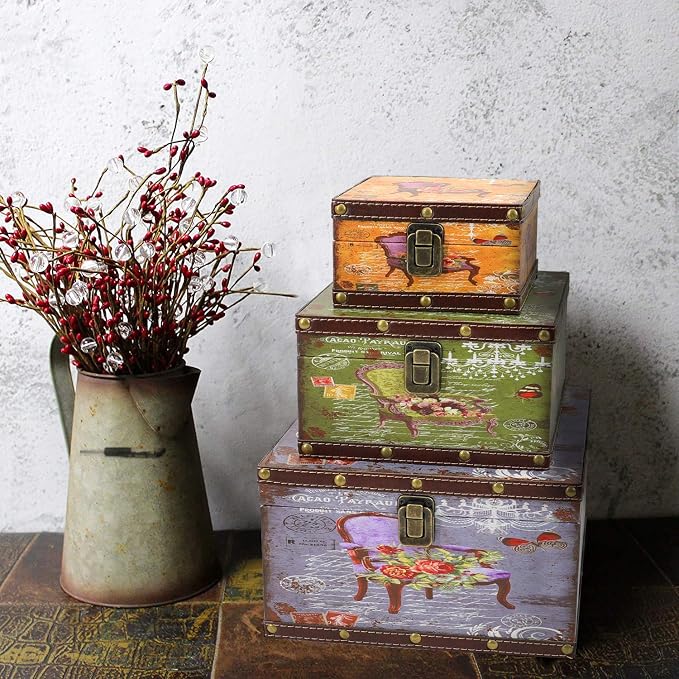 Jolitac Wood Storage Box Set of 3, Vintage Decorative Nesting Boxes Wooden Treasure Storage Crates With Latch, Home Decor Rustic Antique Boxes With Lid for Photos, Jewelry, Cash (Chair) - Image 4