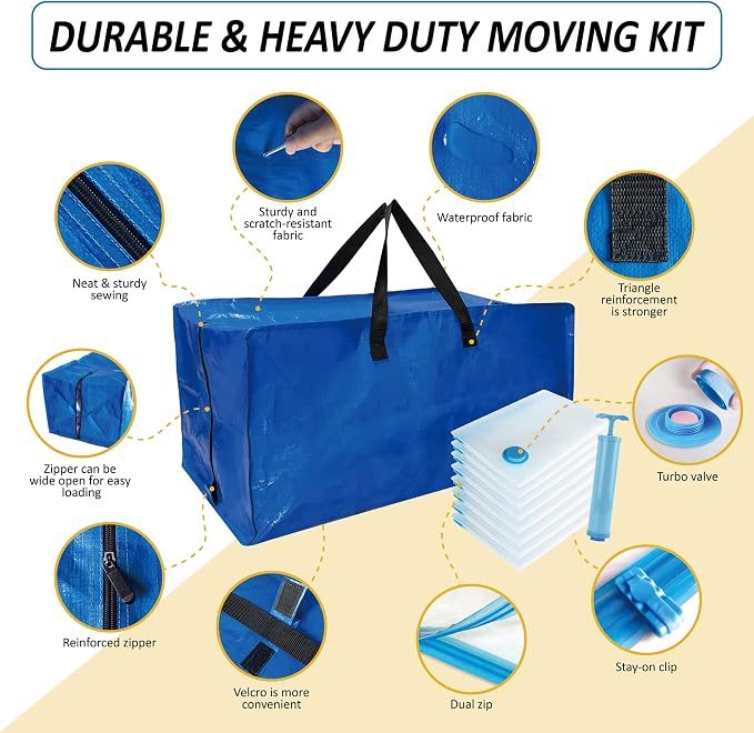 16 Pack Heavy Duty Extra Large Moving Bags with Backpack Straps & Large Vacuum Storage Bags Moving Supply Combo, Moving Totes with Handles & Zippers for Space Saving, Fold Flat, Includes Vacuum Bags - Image 5