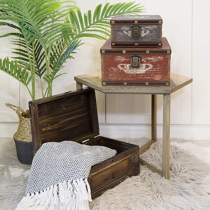 Jolitac Wood Storage Box Set of 3, Vintage Decorative Nesting Boxes Wooden Treasure Storage Crates With Latch, Home Decor Rustic Antique Boxes With Lid for Photos, Jewelry, Cash (Crown) - Image 7