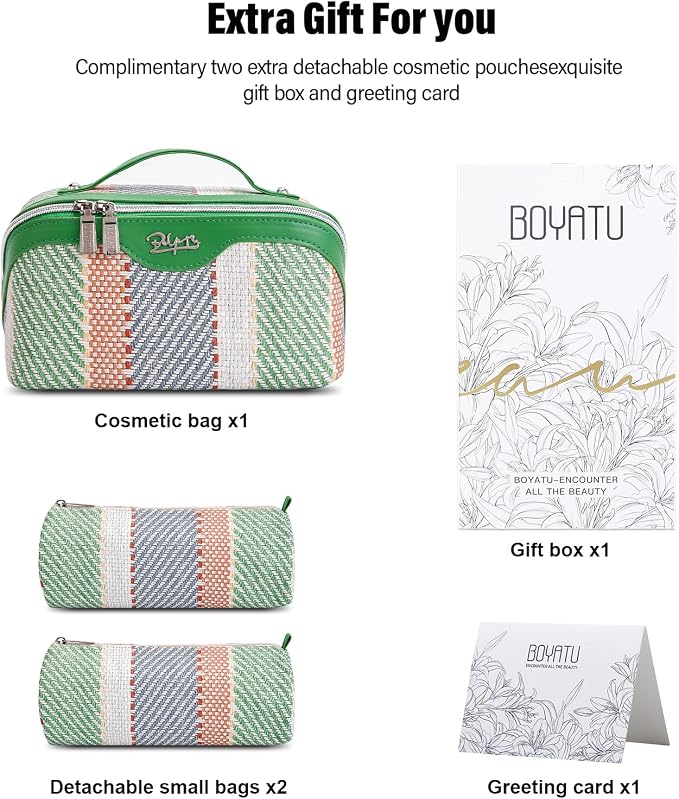 BOYATU Travel Makeup Bag Cosmetic Bag for Women: 3 Pcs Set Make up Bag with Compartments - Waterproof Vegan Leather Toiletry Bags with Handle - Makeup Organizer for Travel Essentials(C-2-Green) - Image 6