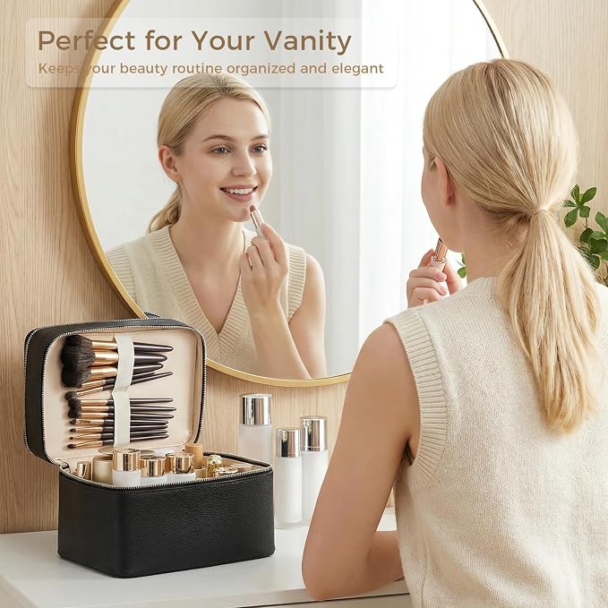BAGOK Double Layer Makeup Vanity Case, Large Capacity Cosmetic Bag with Removable Divider & Brush Organizer, Travel Toiletry Bag for Women, Portable PU Leather Organizer with Handle - Image 2