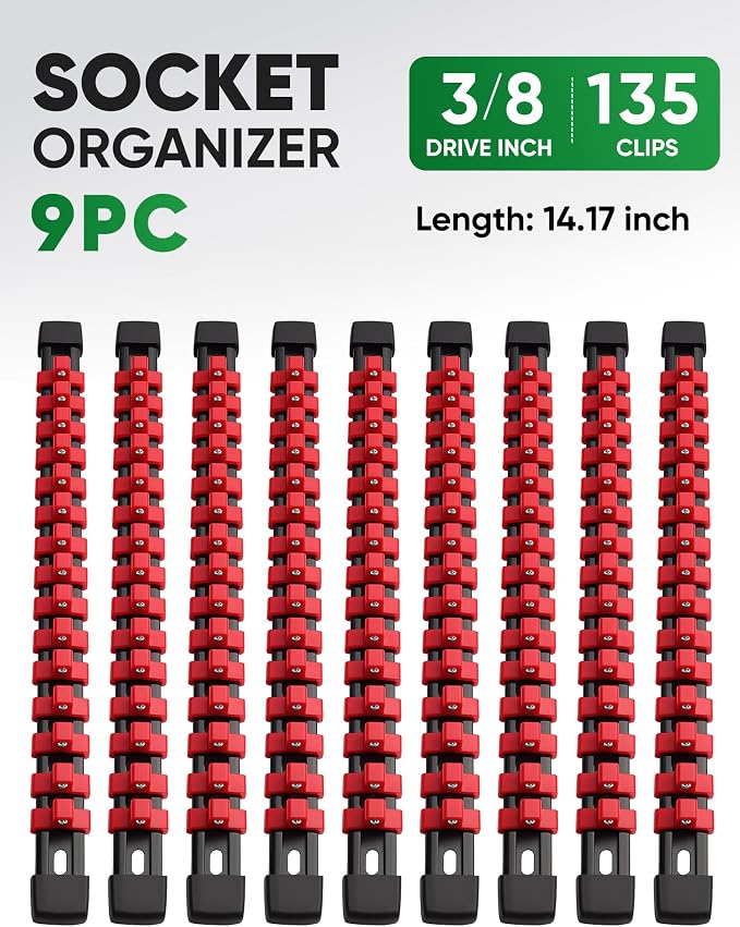 ALOANES 9PC ABS Socket Organizer, Socket Rails Fit 3/8 inch Drive | Heavy Duty Socket Holders Hold up 135 Sockets for Mechanics Toolbox Drawer Bags(Red) - Image 2
