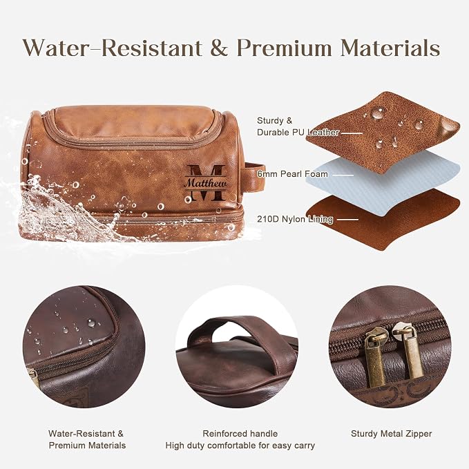 Personalized Toiletry Bag For Men, Husband, Boyfriend, Dad Large Capacity PU Leather Travel Dopp Kit Handcrafted Custom Name Unique Gift For Birthday| Fathers Day| Anniversary| Wedding Groomsmen Gifts - Image 4