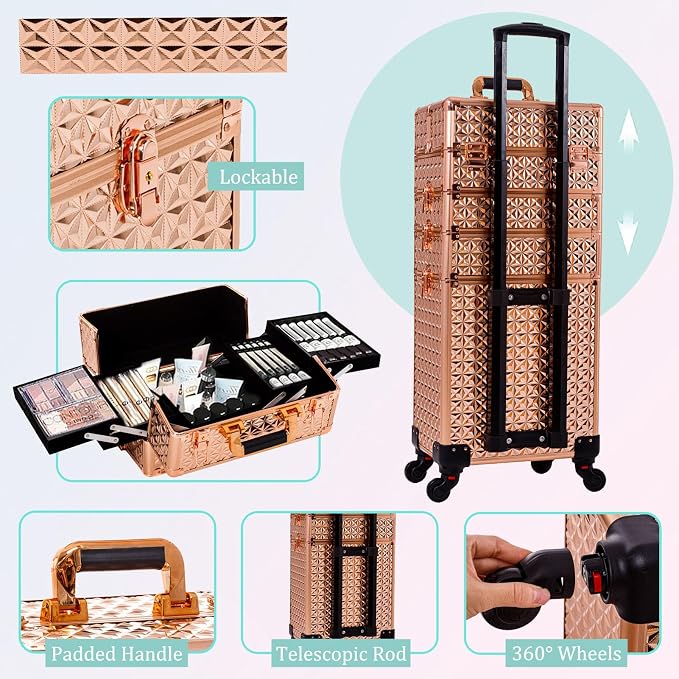 AROUS 5 in 1 Rolling Makeup Train Case with Lid Cosmetology Case on Wheels | Large Cosmetic Trolley Organizer with Keys Salon Barber Case Traveling Cart Trunk for Artist Hairstylists Nail Tech, Gold - Image 4