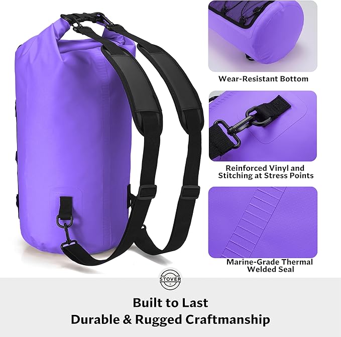 STOVER 5/10/25/30/40L Waterproof Dry Backpack & Phone Case- Large Floating Dry Bag for Kayaking, Travel, Hiking, Fishing, Camping, Motorcycles & Beach, Heavy-Duty Roll Top Men/Women (Purple) - Image 4