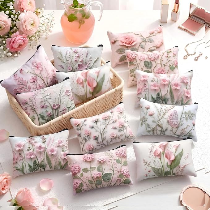 Sweetude 12 Pcs Pink Relief Flower Makeup Bags Bulk Pink Portable Travel Cosmetic Bags with Zipper Oil Painting Floral Waterproof Roomy Travel Toiletry Organizer Storage Beauty Pouch for Women Gifts - Image 2