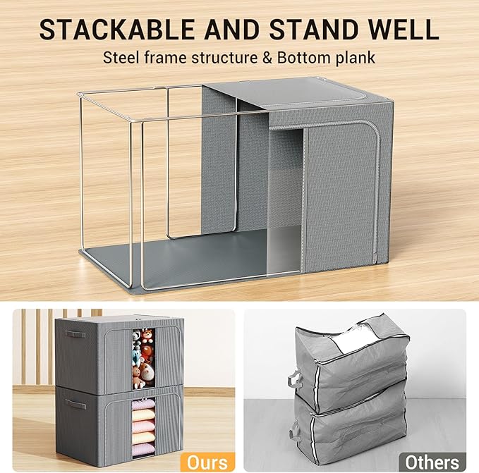 Clothes Storage Bins with Metal Frame, Foldable Clothes Organizers Storage Containers for Clothes, Sheets, Blankets, Pillows and Towels （66L, 3 Pack, Deep Grey - Image 3