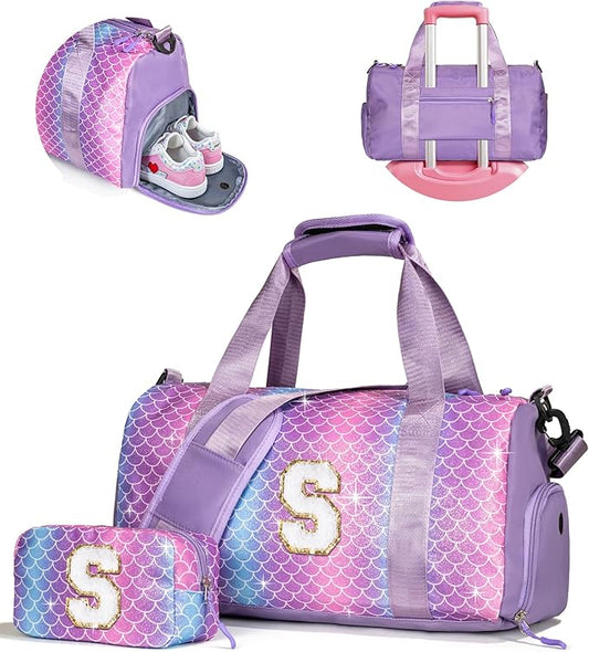 Travel Stuff for Kids-Girl Gym Bag with Shoe Compartment, Kid Weekender Dance Bags, Initial Travel Tote with Makeup Pouch, Gift for 3 4 5 6 7 8 9 10 11 12 Year Old Girls (Letter S) by Vogewood
