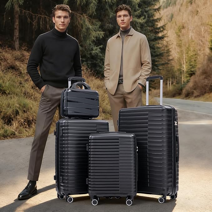 4-Piece PP Hardshell Luggage Set with 14" Cosmetic Case, 20"/24"/28" Spinner Suitcases, Carry On with Iron Telescopic Handle, Combination Lock, 360° Double Silent Wheels, Waterproof Travel Set, Black - Image 2