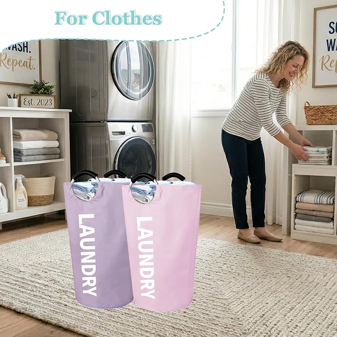 WOOHA Collapsible Laundry Hamper, 95L Large Laundry Basket with Handle, 600D Oxford Fabric Dirty Clothes Hamper, Standing Clothes Basket for Bathroom, Dorm, Laundry Room, Pink+Purple - Image 7