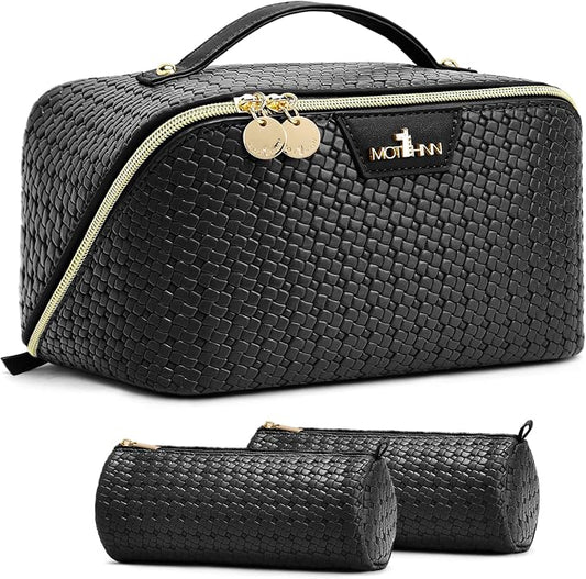 Travel Makeup Bag for Women: Designer 3 Pcs Set Cosmetic Bags for Women - Large Capacity Vagen Leather Hand-made for Toiletry Organizer - Ladies Travel Flat Open Essentials for Luxury (03Black) by Unknown