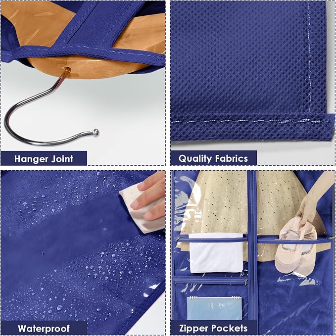 Univivi Kids Garment Bags for Dance Costumes 40 Inch Hanging Dance Costume Bag for Dance Competitions, with 3 Medium Clear Zipper Pockets for Dance Costumes, Closet Storage (Navy Blue), 1 Pack - Image 3
