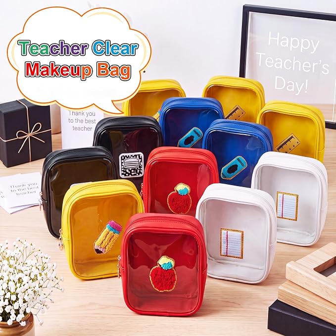 12 Pack Teacher Clear Makeup Bag, Cute PVC Transparent Cosmetic Bag with Embroidery Patterns Small Waterproof Nylon Travel Pouch for Women, Teacher Appreciation Gift Set, 6 Styles - Image 4