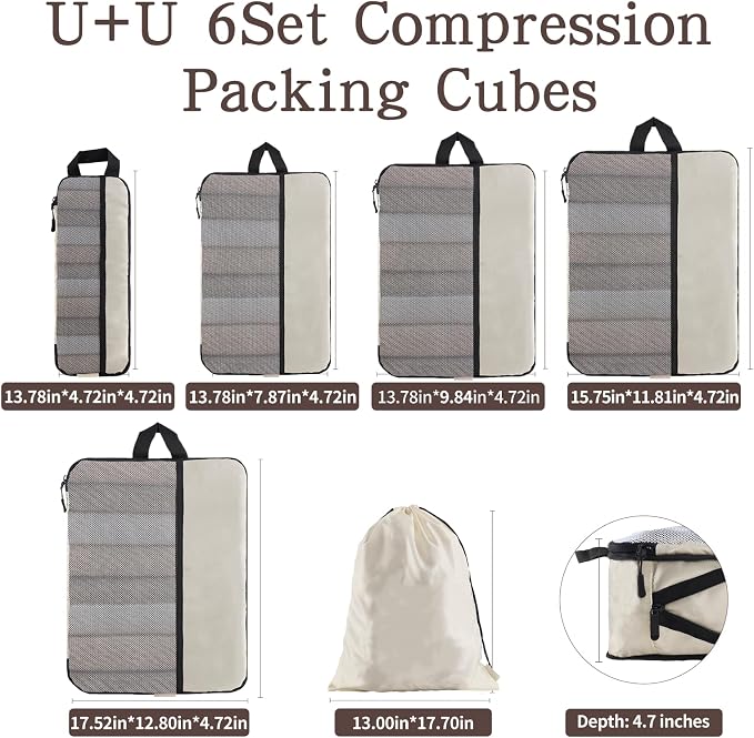 U+U 6 Set Compression Packing Cubes - Ultralight Cream Travel Organizers with Laundry Bag, Space-Saving Suitcase Organizer, Expandable Packing Cubes for Travel and Family Vacation (Cream) - Image 5