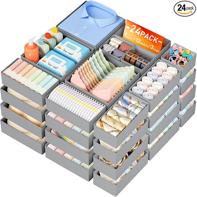DIMJ Drawer Organizer Clothes, 24 Pack Dresser Organizer, Foldable Closet Organizers and Storage, Fabric Dresser Bins, Drawer Dividers for Nursery, Baby Clothes, Underwears, Sock by DiMJ
