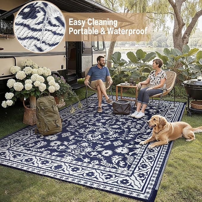 PureCozy Outdoor Waterproof 9x12 Plastic Straw Patio Rug Navy Blue Reversible for Outside Vintage Oriental Carpet Lightweight Large Rug for RV Deck Beach Balcony Picnic Backyard Entry Porch - Image 6