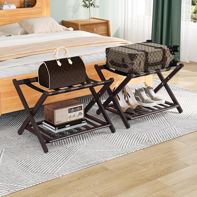 Smuxee Fully Assembled Brown Luggage Racks Pack of 2, Upgraded Bamboo Foldable Suitcase Stand with 5 Nylon Straps, Luggage Holder with Shelf for Guest Room Bedroom Hotel - Image 7