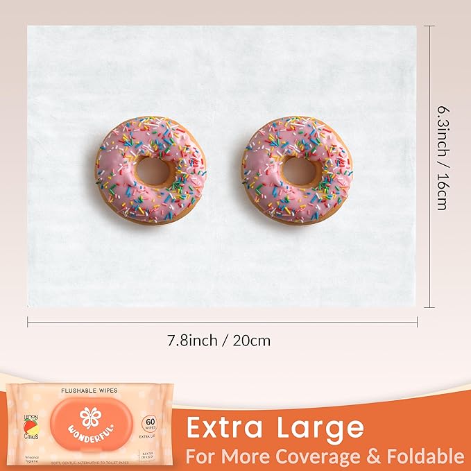 WONDERFUL Flushable Wipes, Lemon Citrus 100% Plant-Based Wet Butt Wipe for Adults & Kids, Sewer Septic Safe, Gentle for Sensitive Skin, Wipes Flushable Pack for Bathroom & Travel, 6-Pack (360 Counts)