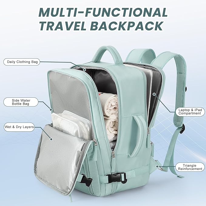 Beraliy Travel Backpack for Women, Airline Approved Bag, 16 inch Laptop Waterproof Hiking Backpack, Casual College Daypack, Weekender Bag, Mint Green - Image 3