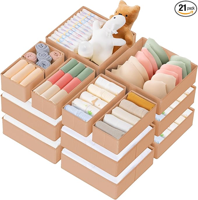 Criusia Drawer Organizer Clothes, 21 Pack Dresser Organizer for Baby Clothes, Underwear, Sock - Foldable Closet Organization and Storage Dividers Bins for Nursery, Bedroom (Brown) by Criusia