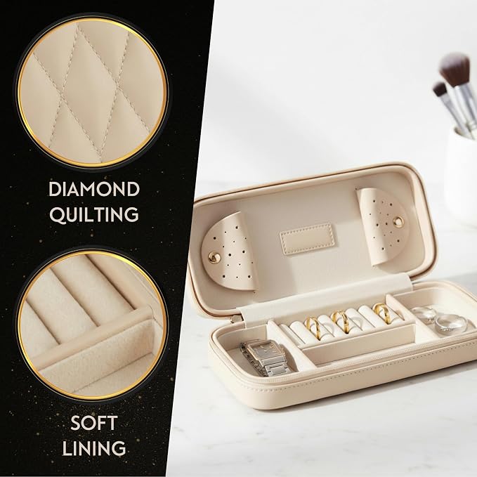 Bey-Berk Diamond-Quilted Leather Travel Jewelry Case, Cream, 9" x 4" x 1.75" - Image 2