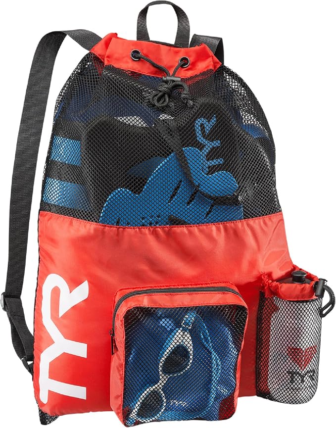 TYR Big Mesh Mummy Backpack for Wet Swimming, Gym, and Workout Gear, Red by TYR