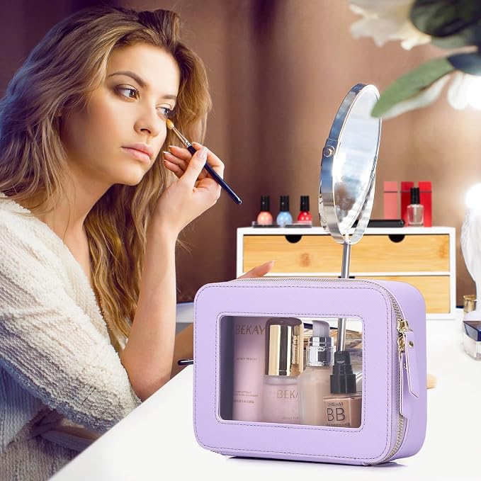 Pinkmik Clear Makeup Bag for Women Waterproof Travel Cosmetics and Toiletries Case Portable Makeup Oaganizer Bag Clear Car Bag with Zipper (X/Purple, M) - Image 2