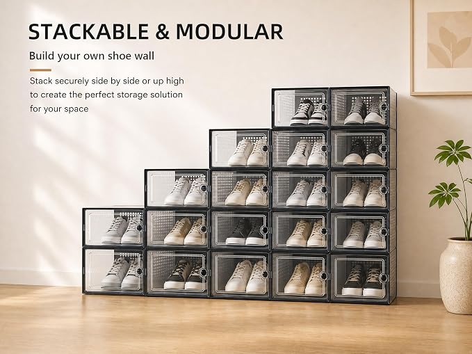Kuject X-Large Shoe Storage Boxes Organizers Clear Plastic Stackable 12 Pack, Shoe Rack & Holder Substitute, Sneaker Containers, Toy Storage Organizer Bins for Entryway, Closet, Under Bed, Black - Image 7