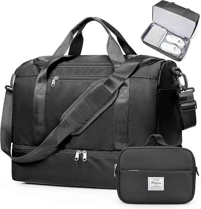 Travel Duffel Bag,Carry-On Overnight Weekender Bags with Shoes Compartment | Travel Bag with Wet Pocket & Toiletry Bag,For Spirit Airlines 18x14x8 Personal Item Bag,Small,Black by SYCNB