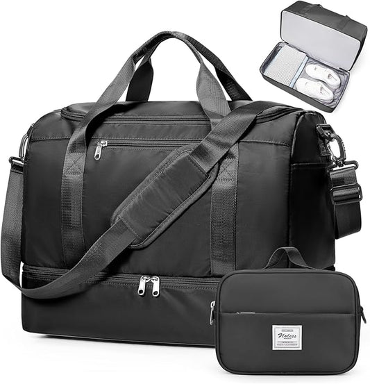 Travel Duffel Bag,Carry-On Overnight Weekender Bags with Shoes Compartment | Travel Bag with Wet Pocket & Toiletry Bag,For Spirit Airlines 18x14x8 Personal Item Bag,Small,Black by SYCNB