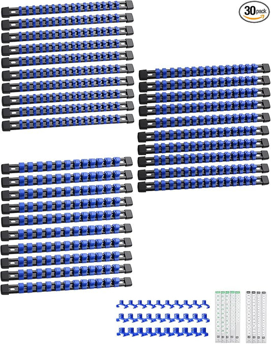 ALOANES 30PC Socket Organizer, Socket Rails Fit 1/2", 1/4" and 3/8" Drive | Heavy Duty ABS Socket Holders Hold 430 Sockets for Mechanics Toolbox Drawer Bags(Blue) by Aloanes