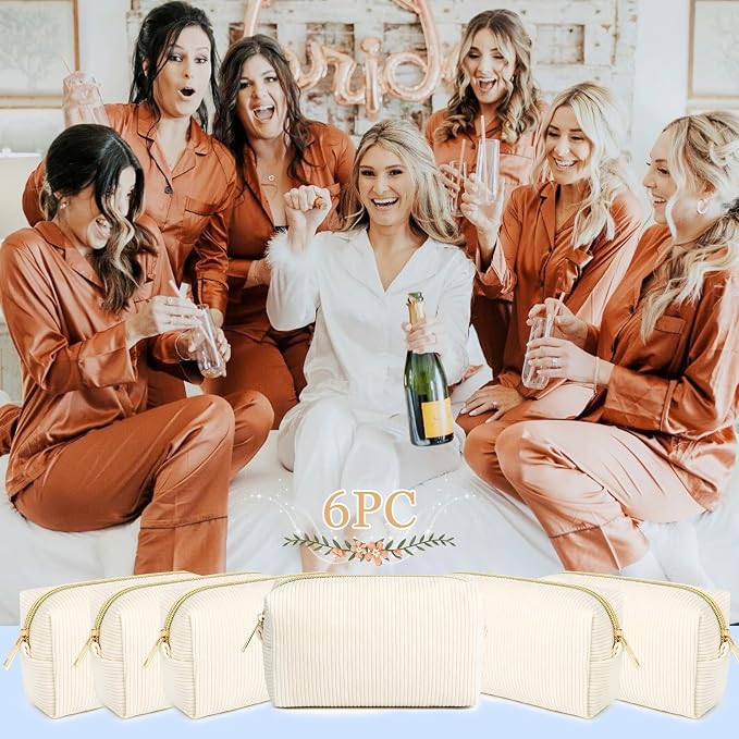 SOIDRAM 6PCS Bridesmaid Proposal Gifts Corduroy Beige makeup bag bulk for Wedding Party Favors Bachelorette party decorations Toiletry Organizer Bag Cosmetic Case Gift - Image 3