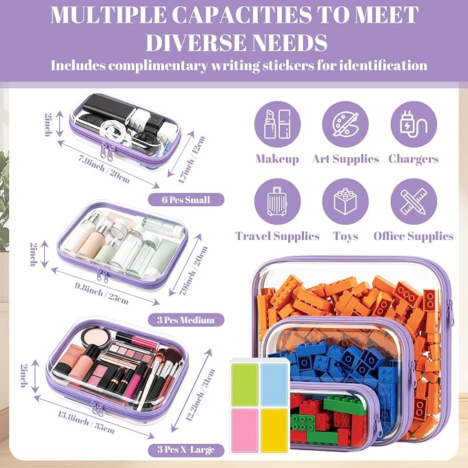 12 Pack Clear Hard Shell Zipper Case with 40 Labels, X-Large/Medium/Small Stackable Clear Pouches, Crush-resistant Travel Toiletry Bag Organizer for Makeup Board Games Electronics (Purple) - Image 2