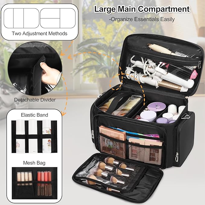 TANTO Large Makeup Organizer Bag, Professional Makeup Artist Bag Portable Travel Makeup Organizer with Detachable Dividers, 2 Pouches & Shoulder Strap, Cosmetic Storage for Beauty Enthusiasts - Image 2