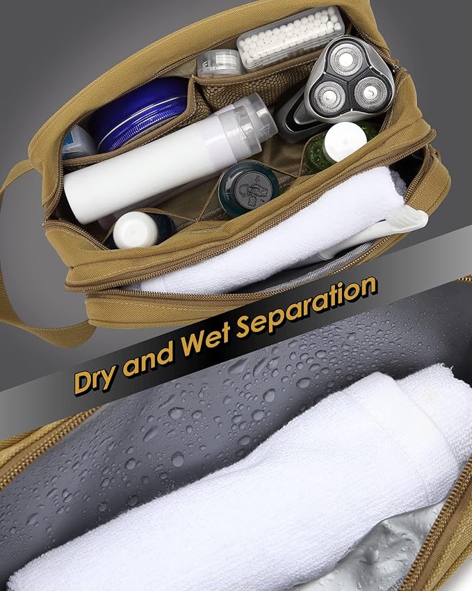 TACTICISM Toiletry Bag for Men - Dry Wet Separate Hygiene Bag Travel Toiletry Bag, Tactical Molle Dopp Kit for Men with Water-Resistant Shaving Bag for Adult Women for Travel, Brown