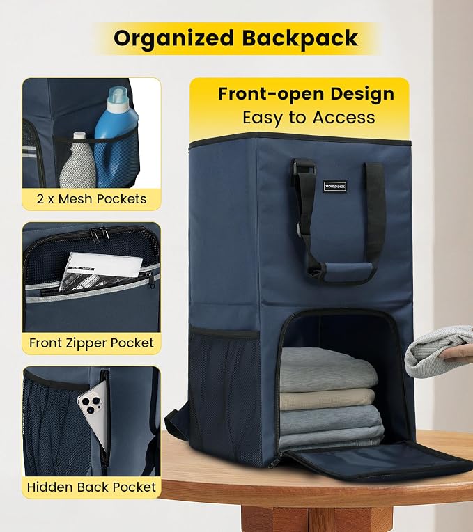 Vorspack Laundry Bag Backpack - Extra Large Laundry Bags with Shoulder Straps Heavy-duty 2 in 1 Laundry Hamper Basket for College Dorm Camp Laundromat Room Essentials - Blue - Image 3