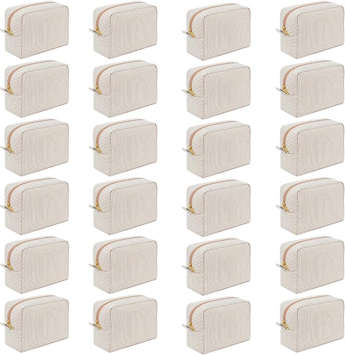 24 PACK Makeup Bags-Bulk Graduation Gifts Seersucker Bridesmaid Proposal Gifts Large Makeup Pouch for Wedding Party Favors Bachelorette Party Decorations Toiletry Organizer Bag Cosmetic Bag(24, Khaki) by Home