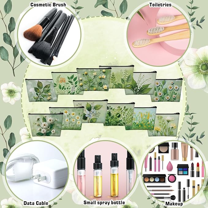 Sweetude 12 Pcs Green Flower Makeup Bags Bulk Green Plants Portable Travel Cosmetic Bags with Zipper Floral Waterproof Roomy Travel Toiletry Organizer Storage Beauty Pouch for Women Gifts - Image 4