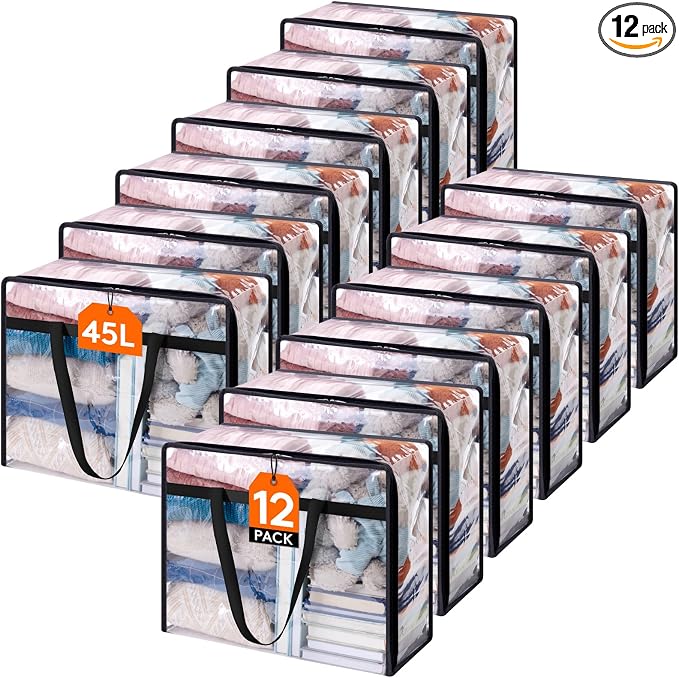 Lifewit 12 Pack Clear Clothes Storage Bags, 45L Plastic Blanket Storage Bag, Vinyl Foldable Moving Bags with Zipper, Closet Organizers and Storage Containers for Bedding, Duvet, Comforter by Lifewit