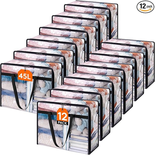 Lifewit 12 Pack Clear Clothes Storage Bags, 45L Plastic Blanket Storage Bag, Vinyl Foldable Moving Bags with Zipper, Closet Organizers and Storage Containers for Bedding, Duvet, Comforter by Lifewit