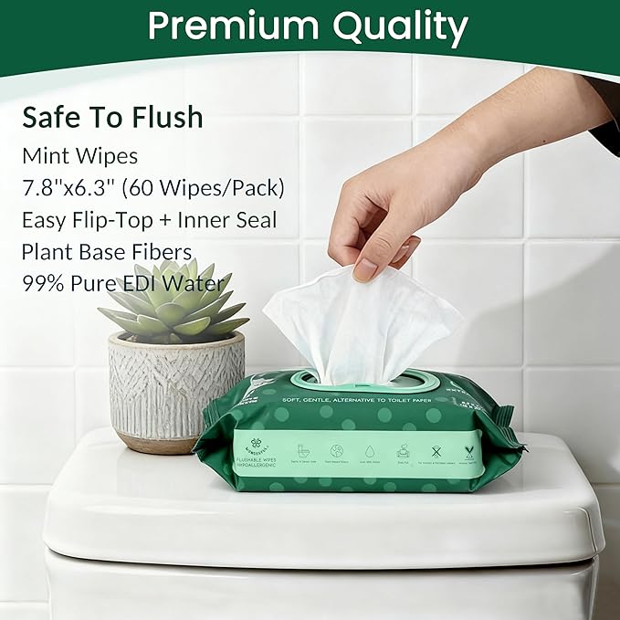 WONDERFUL Flushable Butt Wipes, Mint 100% Plant-Based Wet Wipes for Adults & Kids, Sewer & Septic Safe, Gentle for Sensitive Skin, Wipes Flushable Pack for Bathroom & Travel, 1-Pack (60 Wipes)