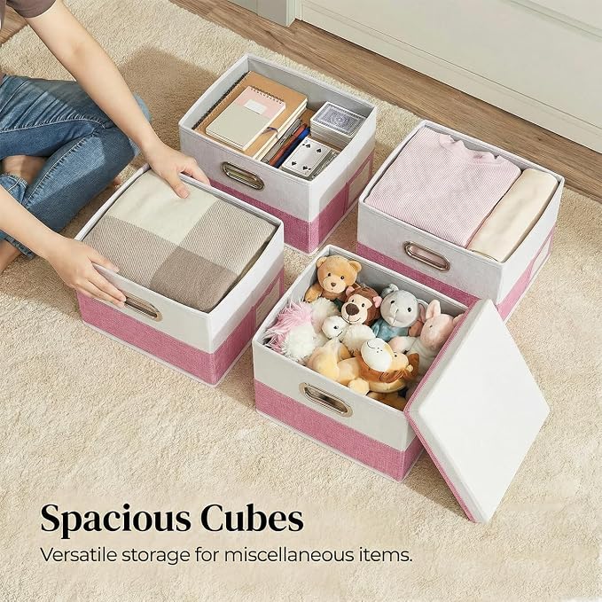 PRANDOM Storage Bins with Lids [3-Pack] Linen Fabric Foldable Storage Boxes Organizer Containers Baskets Cube with Cover for Bedroom Closet Office Pink&White（11.4X8.6X6.7 - Image 3