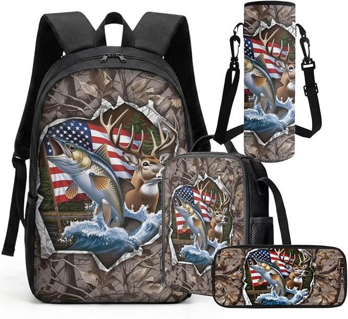 GIFTPUZZ 4-in-1 Camouflage Deer Fish American Flag Kids Backpack Set | Patriotic School Bookbag with Lunch Box for Elementary Boys, Zippered Pencil Case Pouch, Water Bottle Holder, Ages 6-8 - Image 8